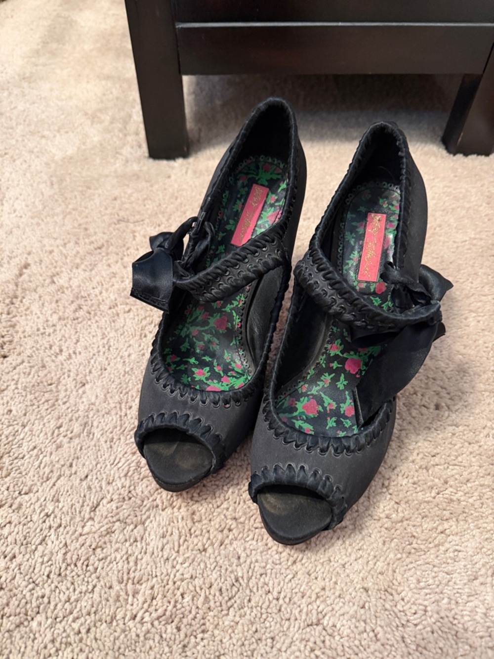Betsey Johnson Black Peep-Toe Mary Jane Heels with Floral Insole